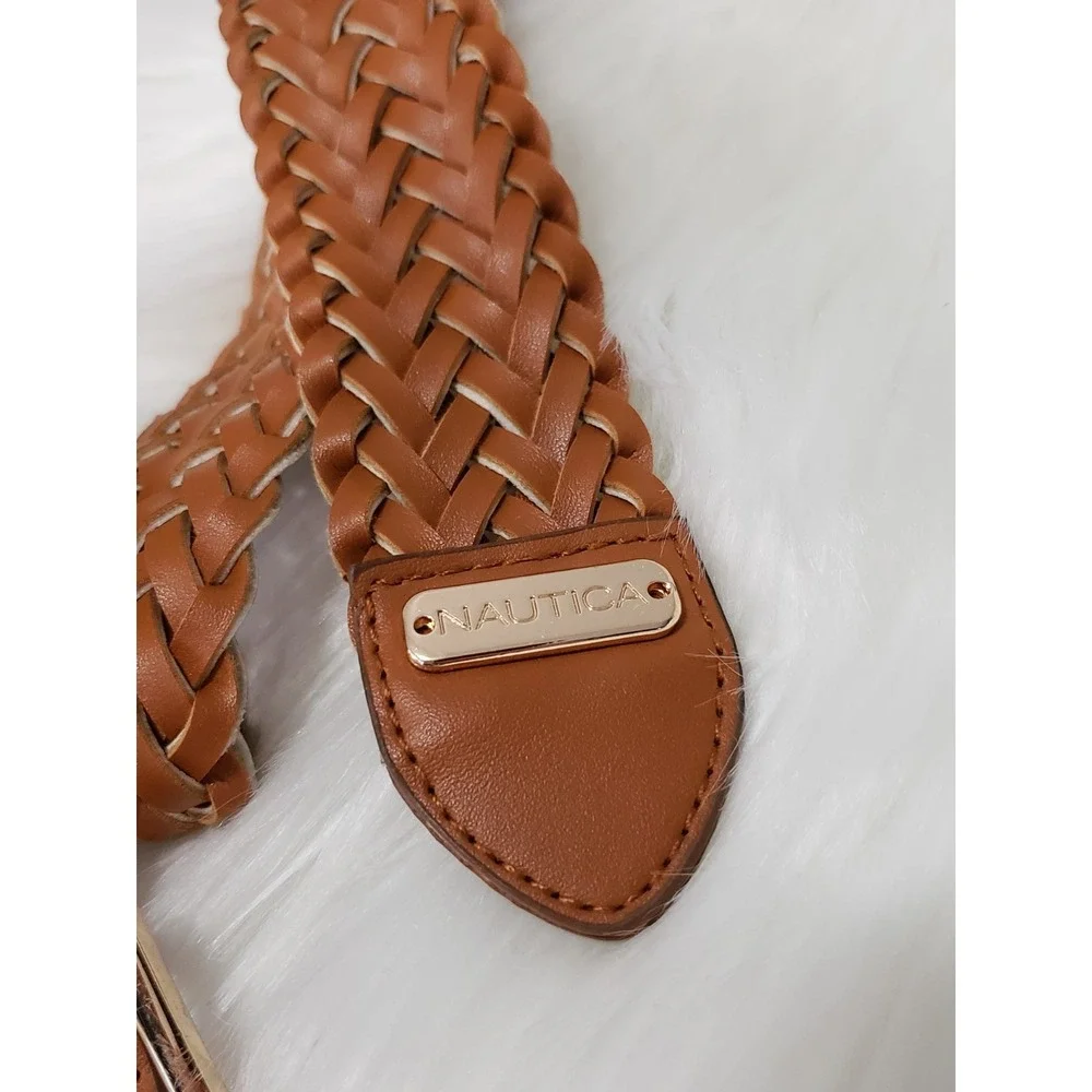 Vintage Nautica Braided Leather Belt tan brown brass buckle nautical old‎ money